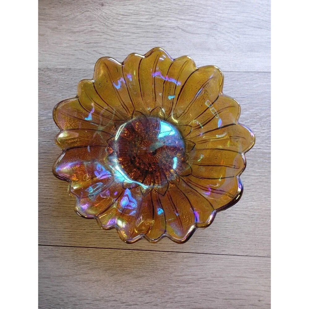 Indiana Glass Sunflower Candy Dish Glass Lily Pons 70's Iridescent